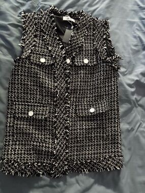 Black & White Tweed Fringe Sleeveless Vest